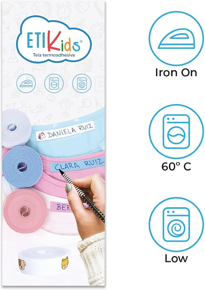 2 Rolls of White Fabric Label Tape 3m x 1cm. Heat Transfer, Writable. Includes Pen. Durable & Washable for Kids’ Clothes, School & Nursery