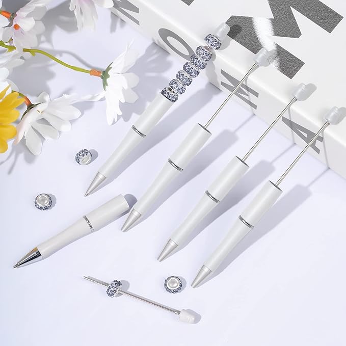 jiebor 30Pcs White Beadable Pens Plastic Bead Ballpoint DIY Cute Cool Pens Black Ink for Women Men Bridal Graduation Gift Office Supplies