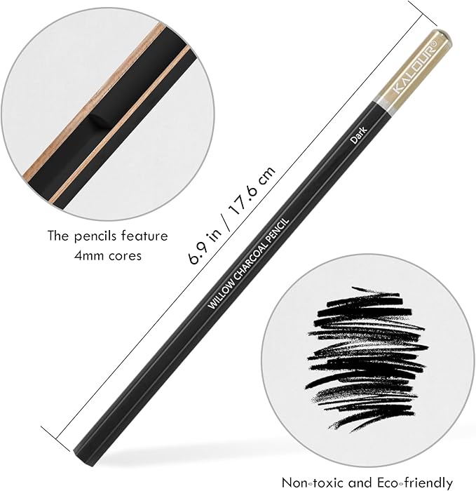 KALOUR PDAS Professional Willow Charcoal Pencil Set - 6 Premium Pencils (Light to Dark Shades) for Drawing, Sketching & Shading, Artist-Grade Tools for Beginners & Professionals
