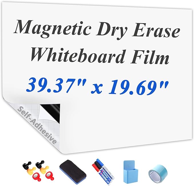 Self-Adhesive Dry Erase Whiteboard Sticker, 39.37" x 19.69" Magnetic Receptive White Board Wall Film, No Ghosting, Easy Write & Clean | Peel & Stick for Office, Home & Classroom,Incl. Accessories