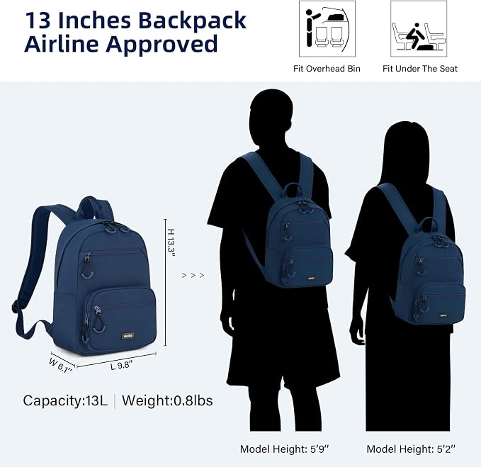HanTrip 13 Inch Mini Small Travel Backpack Cary on For Women Men, Navy Blue | 13L Capacity, Lots of Pockets, Padded Shoulder Strap, Lightweight, Water Resistant, Bookbag for College, Commuter, Work