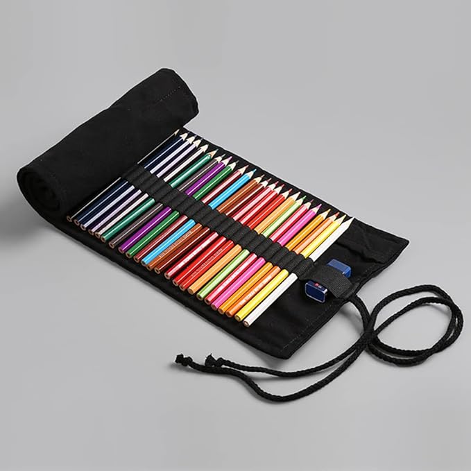 DIYOMR 24/36/72 Slots Pencil Wrap Pencil Rolls, Artist Colored Pencils Roll Up Bag Short Brushes Pouch Case Pencils Organizer for Drawing Coloring and Sketching (Black, 72slots)