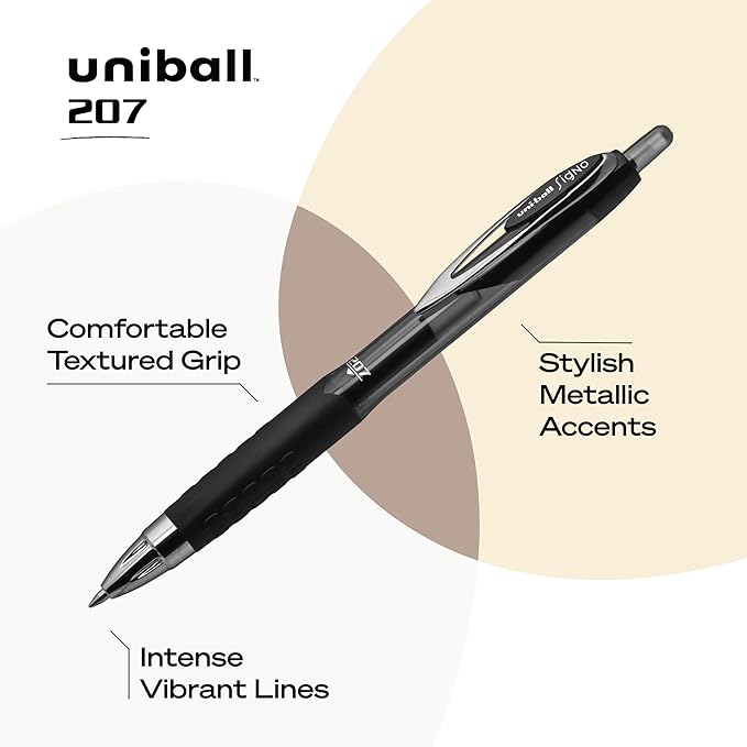 uni-ball® 207™ Retractable Fraud Prevention Gel Pens, Medium Point, 0.7 mm, Black Barrels, Black Ink, Pack of 4