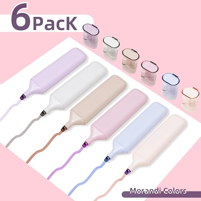 Pastel Highlighter Set, Chisel Tip, Tank Style, 6 Pack Morandi Colors, Cute No Bleed Bible Highlighter, with Large Ink Reservoir for Extra Long Marking Performance, Back to School Supplies