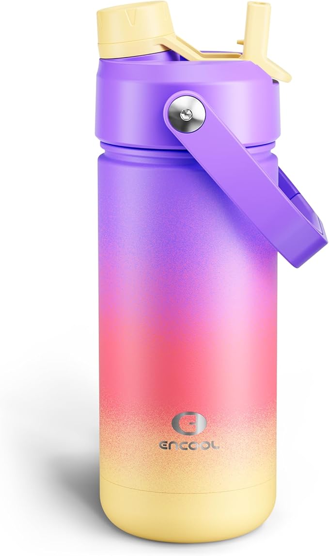 ENCOOL Insulated Water Bottle with Straw Stainless Steel Water Bottle, Leak-Proof, BPA-Free, Double Wall Vacuum Keeps Cold for 24 Hours for Sports, Travel, School (18 oz, Peach Dream)