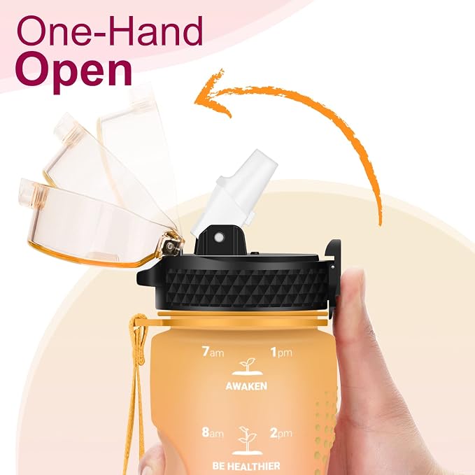 24 OZ Motivational Kids Water Bottle With Time Marker,Straw Lid,Leak Proof, Tritan BPA Free Sports Water Bottle Yellow Pink(1 Lid)