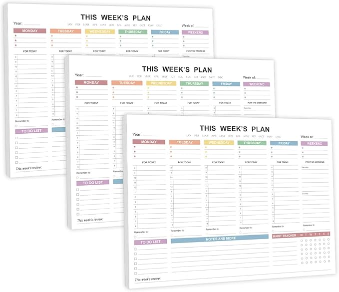(3-Pack) Weekly Planner Undated - Tear Off Weekly To Do List Notepad with Premium 52 Sheets, Desk Supplies for Women & Man, Home, School & Office, 8.5'' x 11'', Colorful