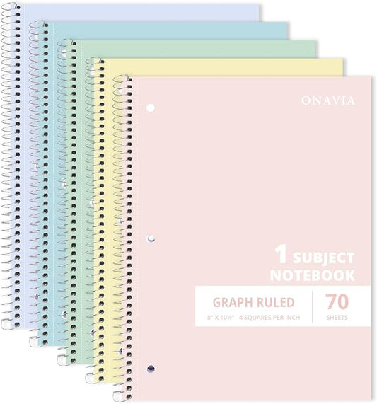 ONAVIA Graph Ruled Subject Spiral Notebook, 5 Pack, 4x4 Grid Paper, 8" x 10-1/2", 70 Sheets, 1 Subject, 3-Hole Punched for School, Work, Assorted Colors