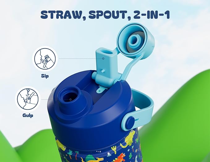 12 oz Kids Stainless Steel Water Bottle: Spill-Proof, Insulated Cup with Straw Spout Lid, BPA-Free, Car Cupholder Friendly, Durable, 24H Cold for Camping, Sports, Birthday Gift for Boys (Dinosaur-Era)