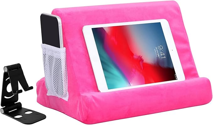 2pcs Multi-Angle Tablet Holder Cushion Stand with Net Pocket & Black Color Phone Stands Upgraded Tablet Pad Support for Phone,Pad,Books (Pink)