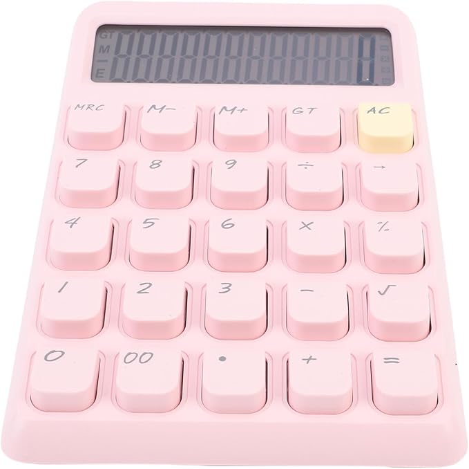 Asixxsix Desktop Calculator, Solar Powered 12 Digit Calculator Basic Functions Portable Design Large Clear Display with Responsive Mechanical Buttons for Office Home School (Pink)