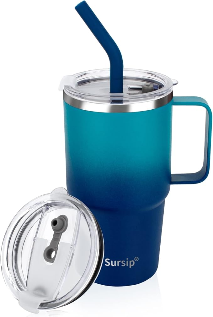 Sursip Insulated Coffee Mug with Handle and Lid, 24 oz Double Wall Vacuum Travel Thermal Coffee Tumbler with Straw for Home, Office Stainless Steel Coffee Cup - Leak proof, BPA Free(Navy-1 Pack)