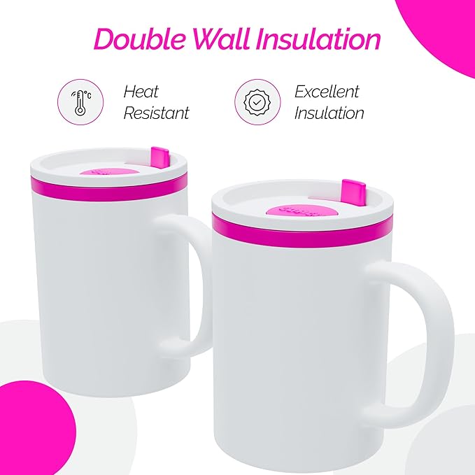 Copco Iconic 16oz Double Wall Insulated Desk Mug with Lid and Handle, Set of 2, BPA-Free Reusable Plastic, Spill-Resistant, Microwave & Dishwasher Safe, Wide Mouth (Pink)