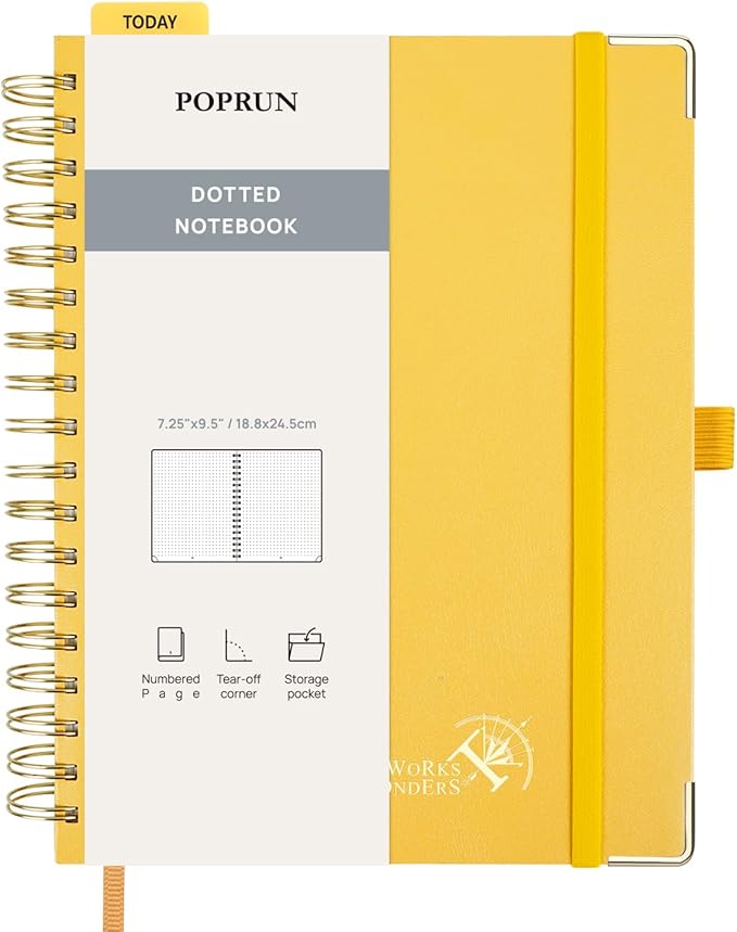 POPRUN Dotted Journal Spiral Notebook, B5-7-1/4 x 9-1/2", 220 Pages, 120 GSM Dot Grid Notebooks, Hardcover Spiral Journals for Writing Journaling Drawing Women Men Work School, Light Yellow