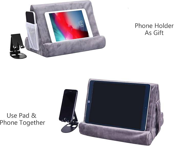 2pcs Multi-Angle Tablet Holder Cushion Stand with Net Pocket & Black Color Phone Stands Upgraded Tablet Pad Support for Phone,Pad,Books (Grey)