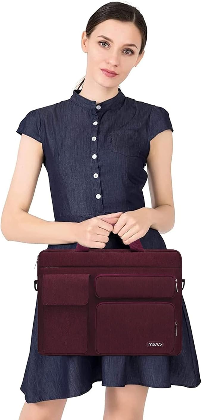 MOSISO Laptop Shoulder Bag 15.6 inch, 15-15.6 inch Computer Bag Compatible with MacBook Pro 16 inch, HP, Dell, Lenovo, Notebook with 2 Raised&1 Flapover&1 Horizontal Pocket&Handle&Belt, Wine Red