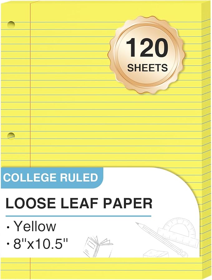 Yellow Loose Leaf Paper 8 x 10.5, 120 Sheets Lined Paper College Ruled Paper, 3 Hole Punched Notebook Paper College Ruled, 3 Ring Binder Paper 8 x 10.5, Filler Paper College Ruled for Office, School