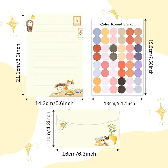 37 Pcs Stationery Paper Envelopes Set Includes 24 Lined Writing Paper & 12 Envelopes with 48 Colorful Round Dot Stickers, Cute Cat Letter Writing Stationery Paper Envelopes Gift (4Style)