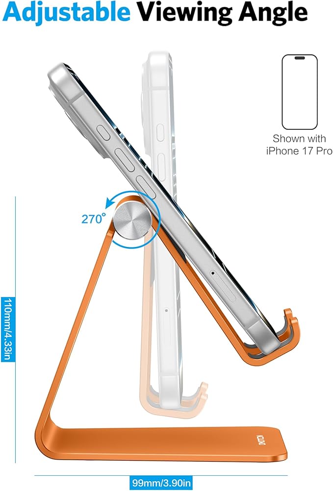 OMOTON Adjustable Cell Phone Stand, Aluminum Desktop Cellphone Stand with Anti-Slip Base and Convenient Charging Port, Fits All Smart Phones, Orange