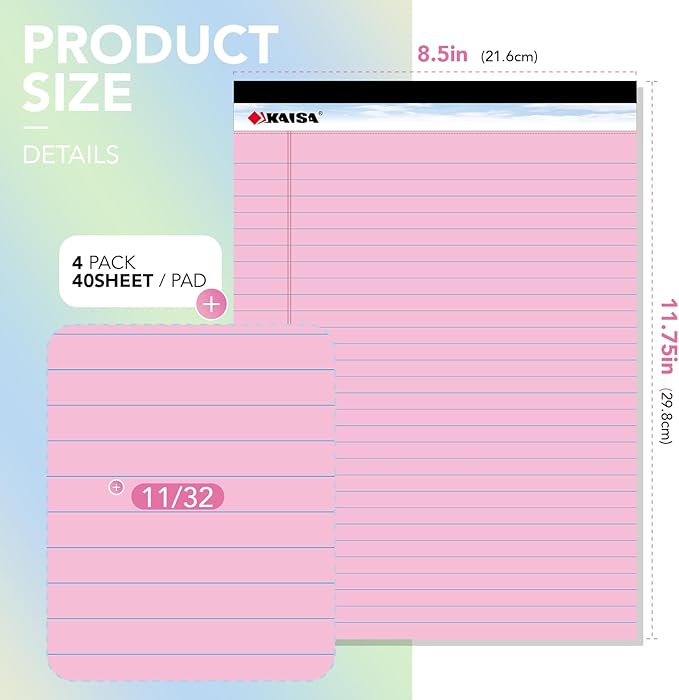 KAISA note pads Colored Legal Pad Writing Pads 8.5x11 inch, Wide Ruled, 40 Sheets/Pad, 20lb Colored Paper, Perforated Writing Pad with Sturdy Back (4 Pads), KSU-5972