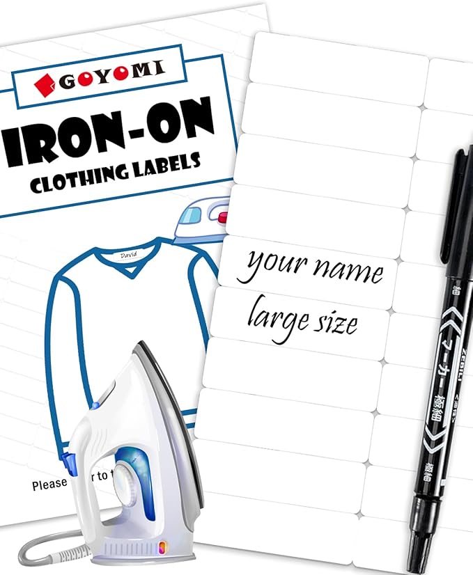 Writable Iron on Clothing Labels, Fabric Labels Name Tags for Daycare, Nursing Home, Camp, School, Laundry, Organizing, Washer & Dryer Safe, Pack of 200 - Size 0.5'' x 1.75'', with 1 Permanent Marker