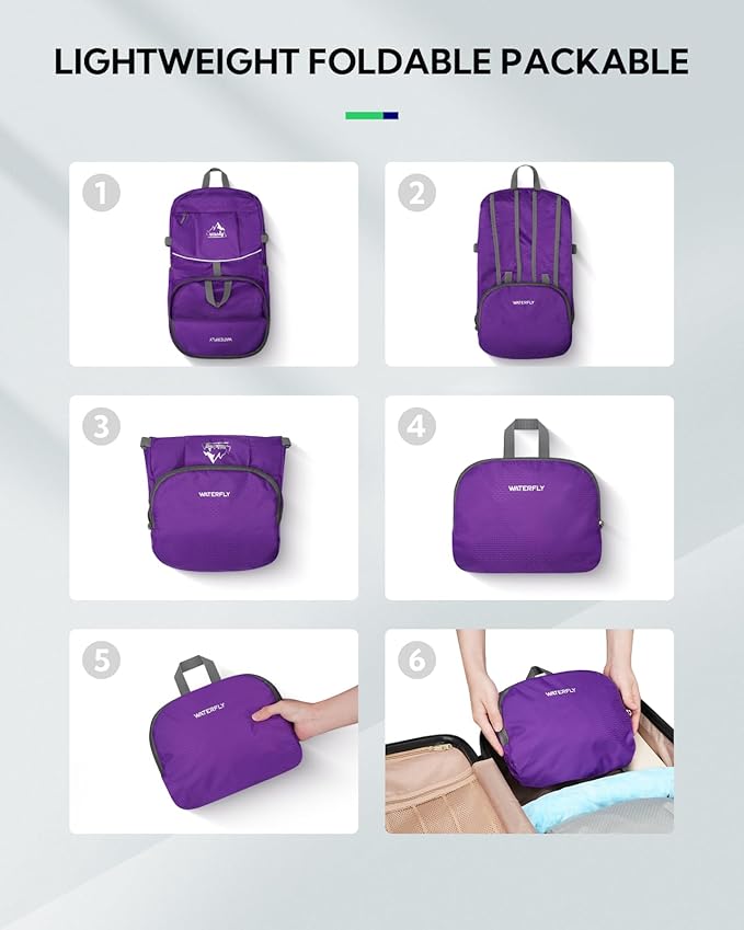 WATERFLY Hiking Packable Daypack Backpack: 35L Ultra Lightweight Day Pack for Women Men - Large Foldable Back Pack for Outdoor Sport Cycling Camping Travel Trip - Purple
