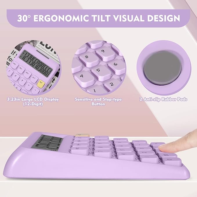 Cute Calculator, Calculators Desktop, Purple Calculator Big Buttons, Solar and Battery Dual Power, 12-Digits Large LCD Display, Desk Calculators for Office Home School Basic Business (Purple)