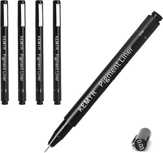 KEMYR 4 Micro Fine liner Drawing Art Pens Calligraphy Pens: 0.03mm Size Black Art supplies Waterproof Archival Black Ink Markers For Artists,Use for Professional Watercolor,Sketching