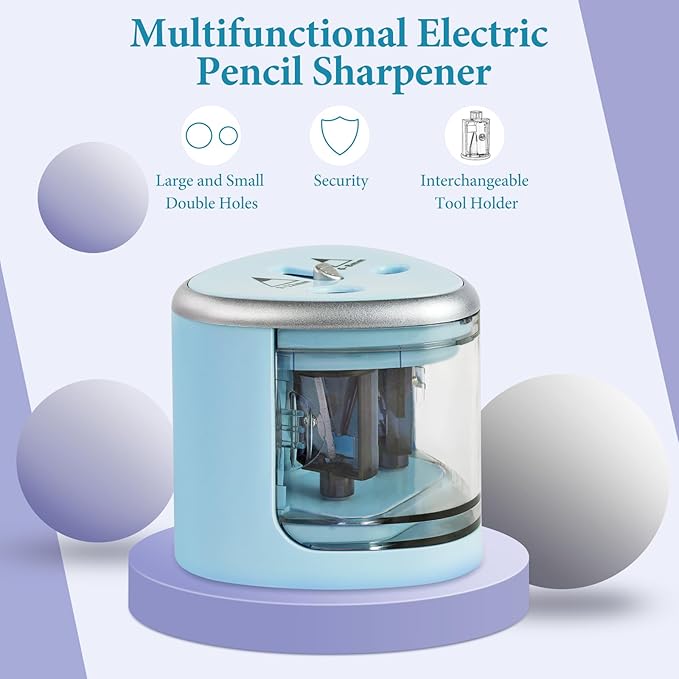 AUAUY Electric Pencil Sharpener with Double Hole, Battery Operated Automatic Sharpener with 2 Extra Knife Holders, for 6-8mm/9-12mm Standard Pencils, Colored Pencils, and Makeup Pencils（Blue）