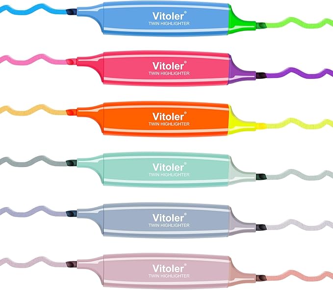 Vitoler Highlighters Assorted Colors,Bible Highlighters,6 Pcs,12 Colors,Dual Tips,No Bleed,Aesthetic Highlighter,Marker Pens for Office Supplies