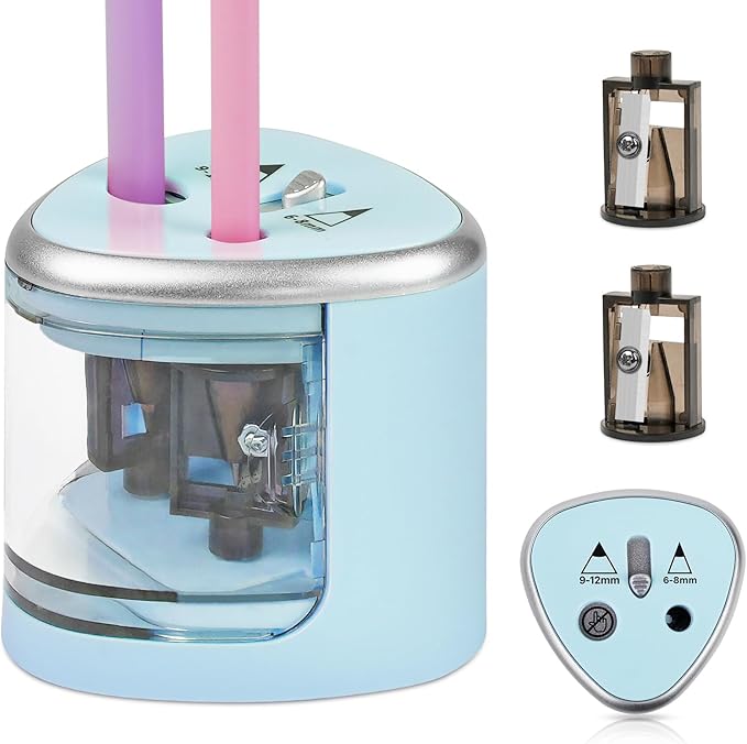 AUAUY Electric Pencil Sharpener with Double Hole, Battery Operated Automatic Sharpener with 2 Extra Knife Holders, for 6-8mm/9-12mm Standard Pencils, Colored Pencils, and Makeup Pencils（Blue）