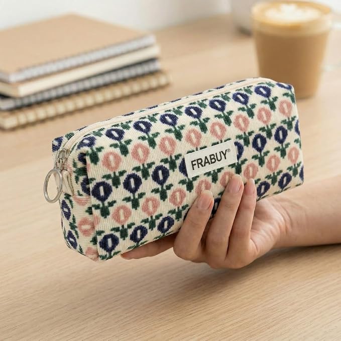 Soft Corduroy Pencil Case Pen Pouch Organizer, Small Stationery Bag | Cute little blue flower pencil pouch, smooth zipper, daily cosmetics holder, compact organizer for school teen girls, women