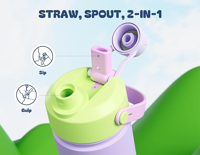 12 oz Stainless Steel Water Bottle for Girls: 2-in-1 Straw Spout Lid, Leakproof, BPA-Free, Cold 24H, Car Cupholder Friendly, Cute Insulated Cup for School, Play, Birthday Gift for Kids (Lilac Fairy)