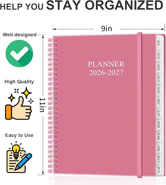 Academic Planner 2026-2027 - Weekly & Monthly Planner from July 2026 to June 2027, Agenda 2026 2027 with Inner Pocket, Elastic Band, 8.5" x 11", Pink