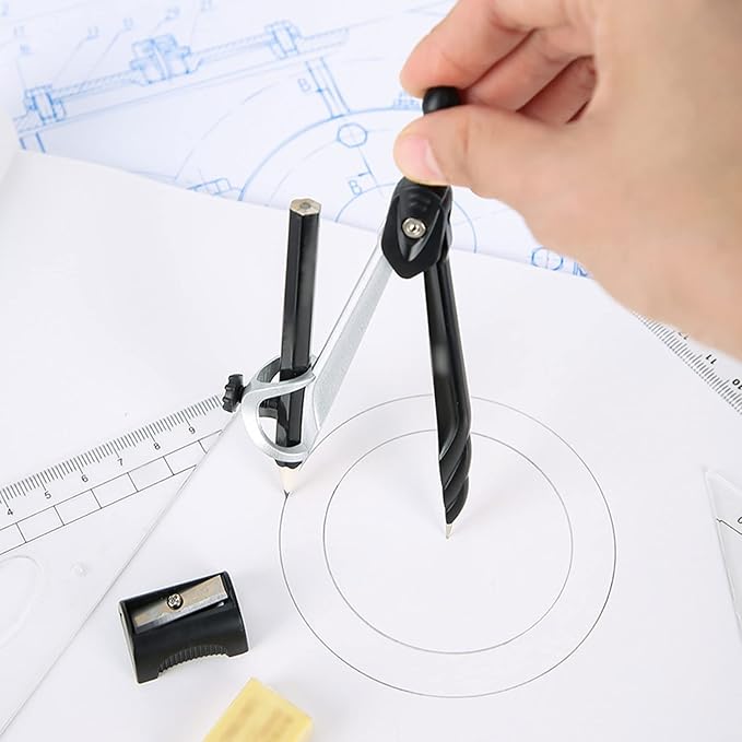 Drawing Compass Drafting Tools Pack of 7 Protractor and Compass Set Compass for Geometric Math Compass School and Storage Box Black Stationery School Supplies Math Ruler Kit