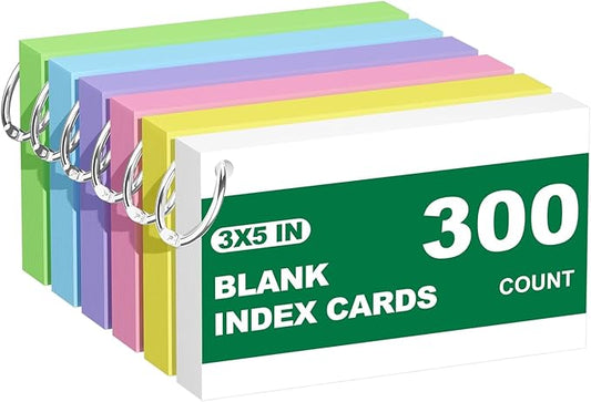 Blank Index Cards with Ring, 300PCS Blank Notecards 3 x 5 Flashcards for Studying，Unruled Flash Note Cards 3'' x 5'' Unlined Index Cards Bulk for College Nursing School Supplies, 6 Pack of 50, Colored