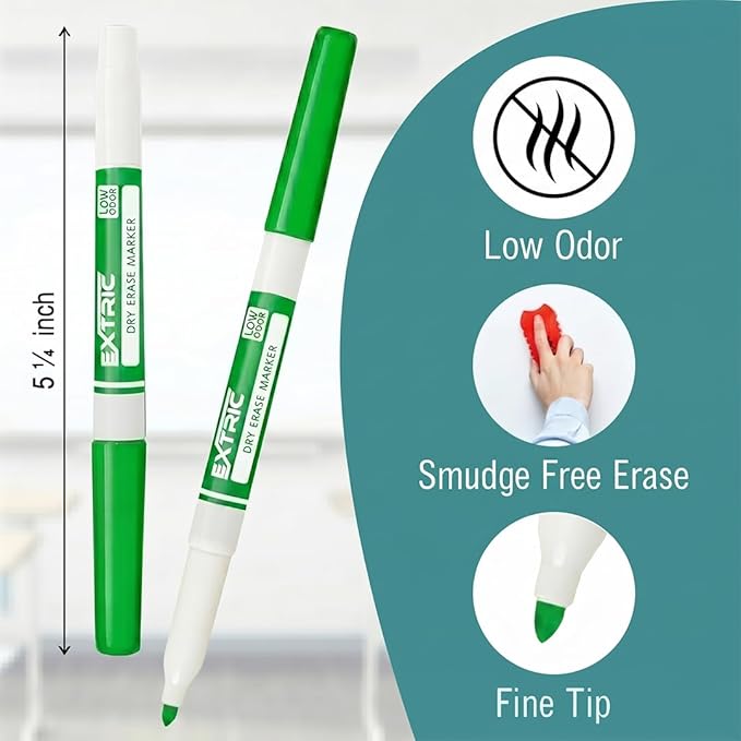 EXTRIC Fine Point Dry Erase Markers (5 Colors) – Thin Dry Erase Markers for Precise Writing Non-Toxic Whiteboard Marker Set + Magnetic Eraser & Cleaner Spray – Low Odor, No Ghosting Whiteboard Kit