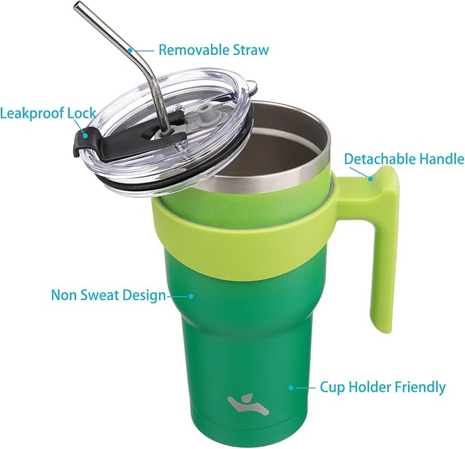 Konokyo 30 oz Tumbler with Handle and 2 Straw 2 Lid, Insulated Water Bottle Stainless Steel Vacuum Cup Reusable Travel Mug,Matcha Green