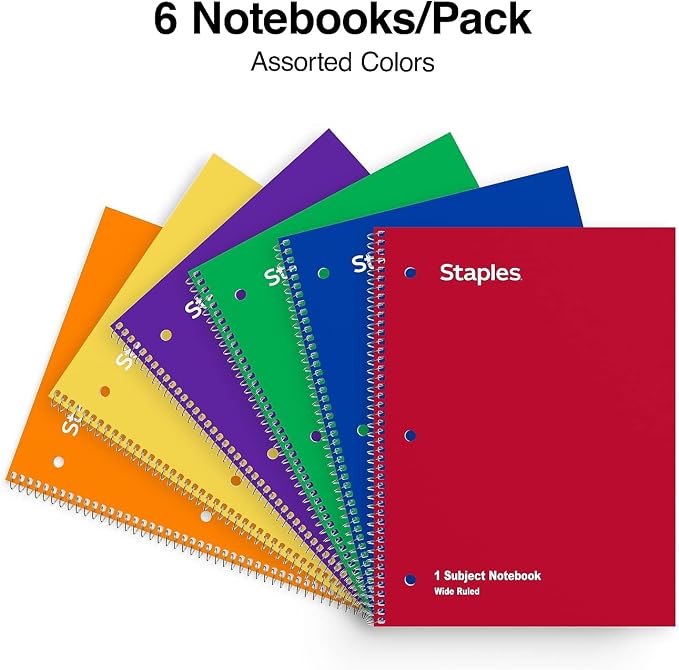 Staples 1-Subject Spiral Notebook, Wide Ruled, 70 Sht, Assorted, 6-Pk