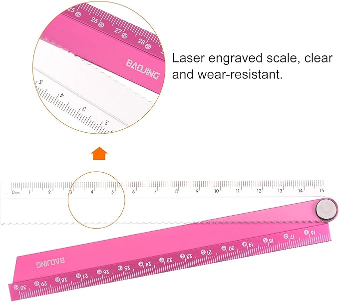 HARFINGTON Folding Straight Ruler 30cm Metric Aluminum Alloy Ruler with Angle Line & Wave Edge Geometric Measuring Tool for Children Architects Study Classroom Office, Red