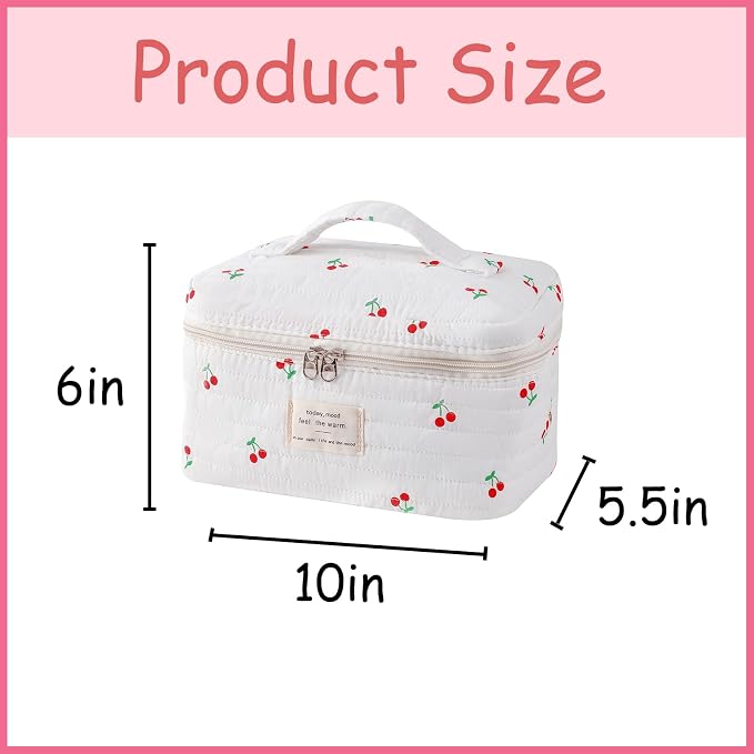 uekeboag Large Travel Quilted Makeup Bag for Women | Soft Floral Cotton Cosmetic Bag, Foldable Coquette Aesthetic Toiletry Organizer