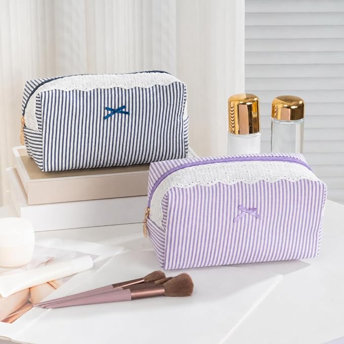 Makeup Bag Travel Toiletry Bag for Women, Small Cosmetic Bags with Lace Trim Cute Purple Stripe Aesthetic Organizer Makeup Pouch for Purse Emergency Bag Pencil Case Accessory Bag