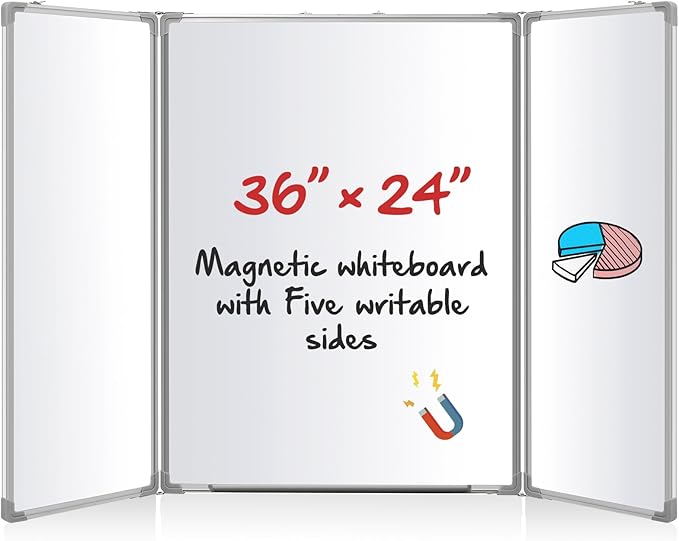 AmazingSpark 36” x 24” Foldable Whiteboard Dry Erase Board Large Tri Folding Whiteboard Magnetic Dry Erase Board, Wall Aluminium Frame and Pen Tray for Office, Home
