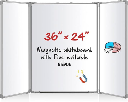 AmazingSpark 36” x 24” Foldable Whiteboard Dry Erase Board Large Tri Folding Whiteboard Magnetic Dry Erase Board, Wall Aluminium Frame and Pen Tray for Office, Home