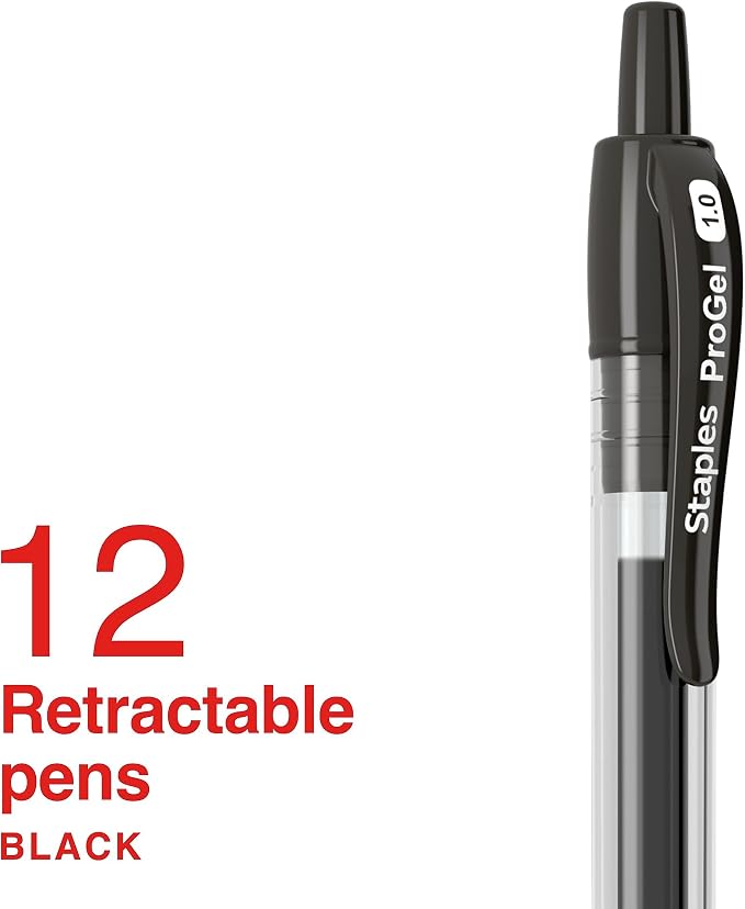 STAPLES ProGel Retractable Gel Pen, Bold Point, 1.0mm, Black Ink, 2/Pack