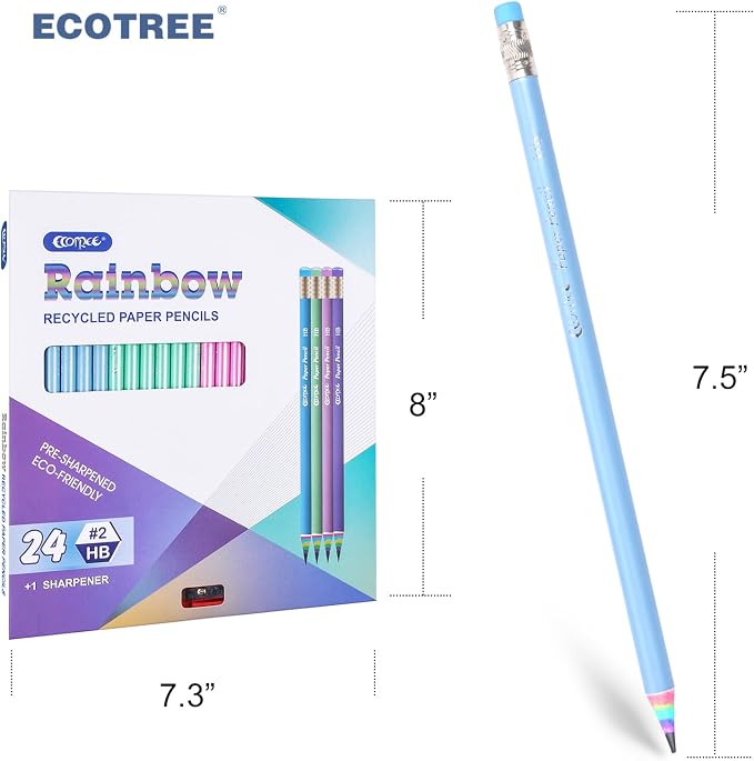 ECOTREE Pre-Sharpened Pencils #2 Cute Number 2 Pencils with Erasers for Kids Eco Rainbow Paper Pencil for School, Writing, 24 Count