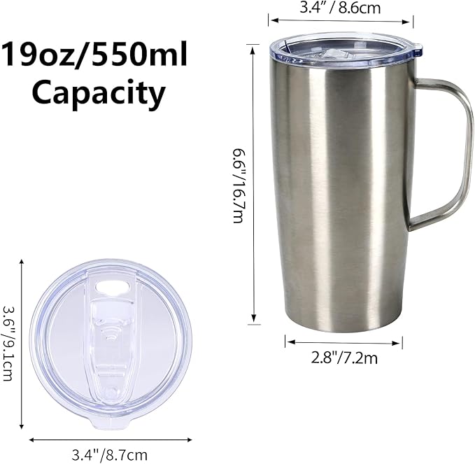 MEBRUDY 19oz Insulated Coffee Mug with Lid, Leak Proof Double Wall Vacuum Travel Coffee Mug with Handle, Silver