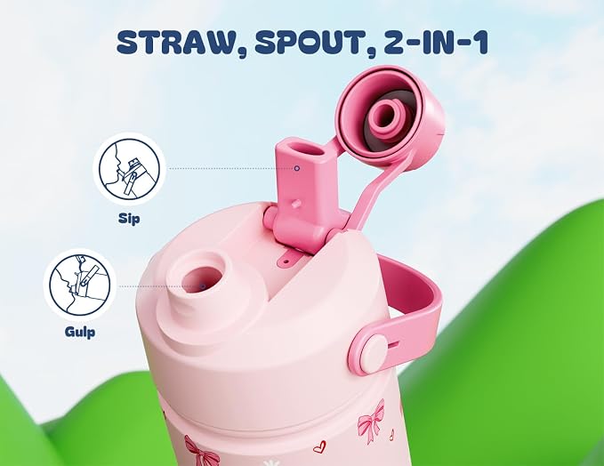 12 oz Insulated Water Bottle for Girls: 2-in-1 Straw Spout Lid, Leakproof, BPA-Free, Easy Carry, Keep Cold 24H, Cute Patterns, Kids Stainless Steel Cup for School, Travel, Holiday Gift (Bow Crush)
