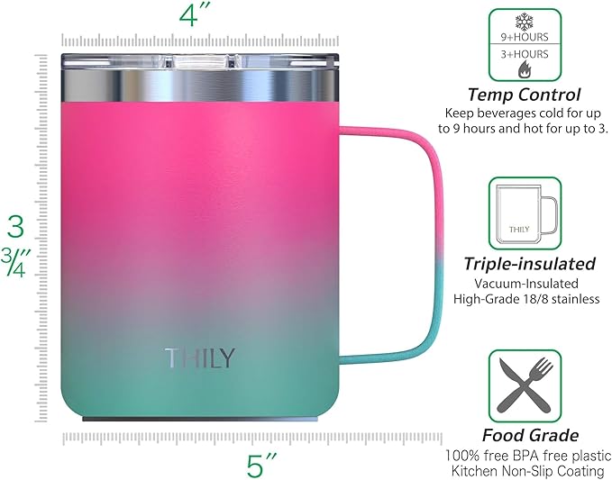 THILY Stainless Steel Insulated Travel Mug 12 oz Vacuum Insulated Coffee Cup with Handle, Spill-proof Lid, Keep Coffee Cold or Hot Hours, Pink & Green