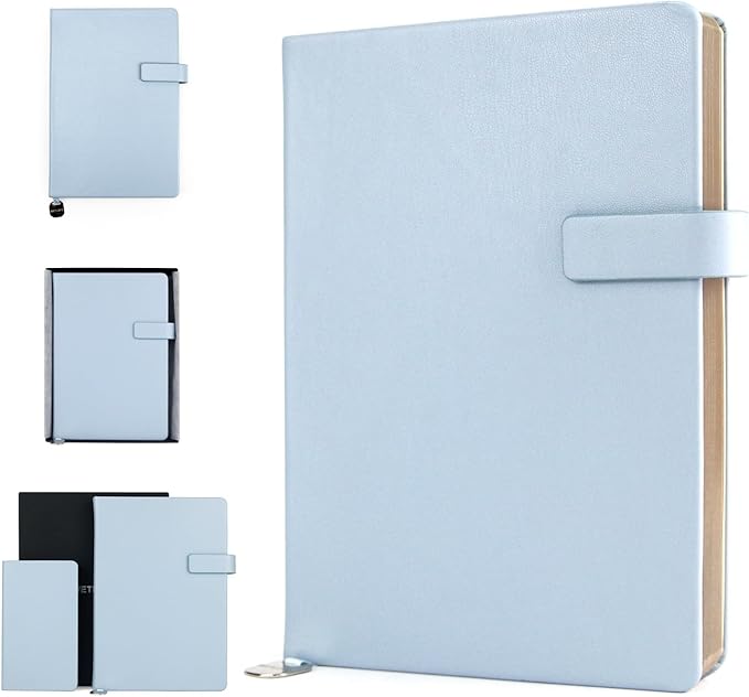 A5 Hard Cover Notebook with Pen Holder, Gold Edges & 180° Lay Flat - Large 5.7x8.4 Lined, Bookmark, Gift Box - Durable Journal for Office, Study, Travel - Writers, Students (Light Blue)
